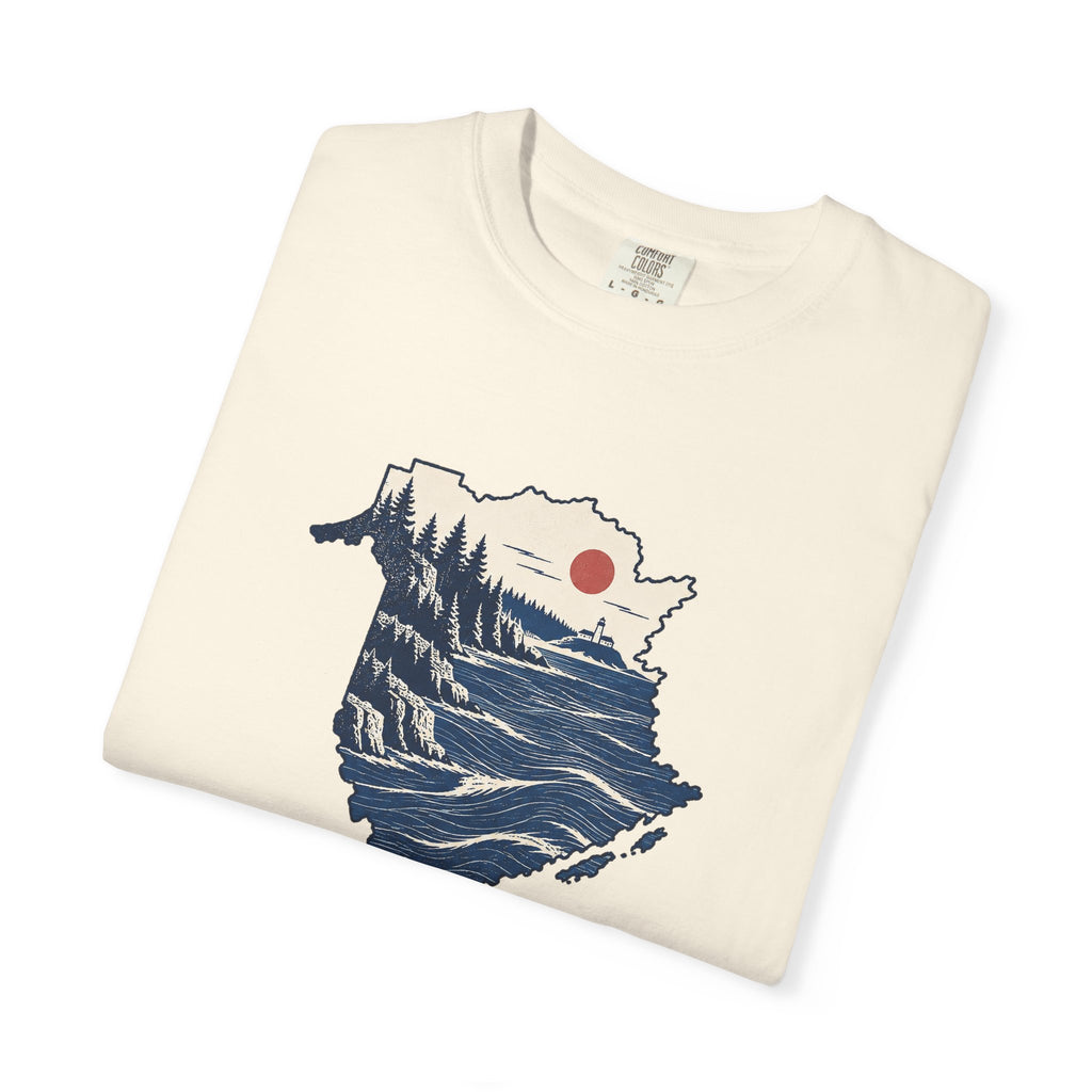 New Brunswick Adventure Map T-Shirt — Scenic Coastal Mountains Graphic
