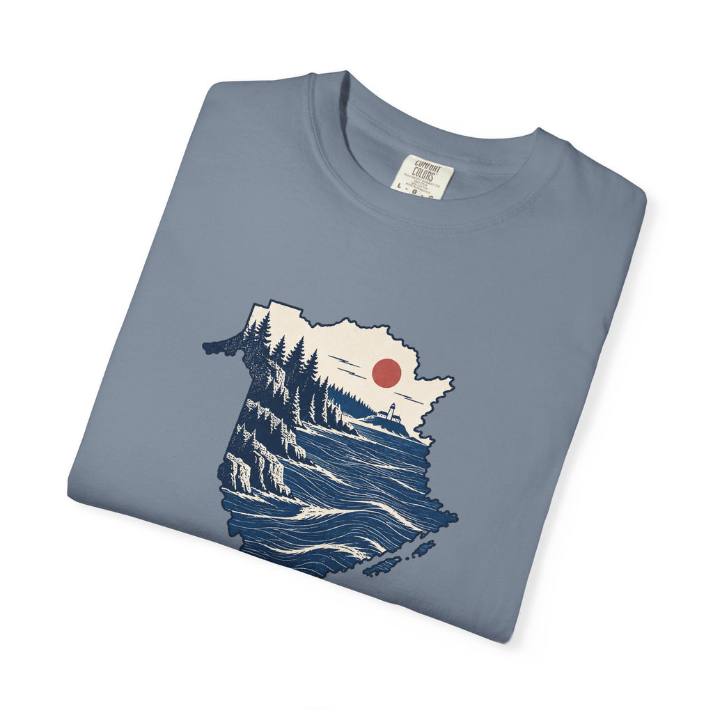 New Brunswick Adventure Map T-Shirt — Scenic Coastal Mountains Graphic