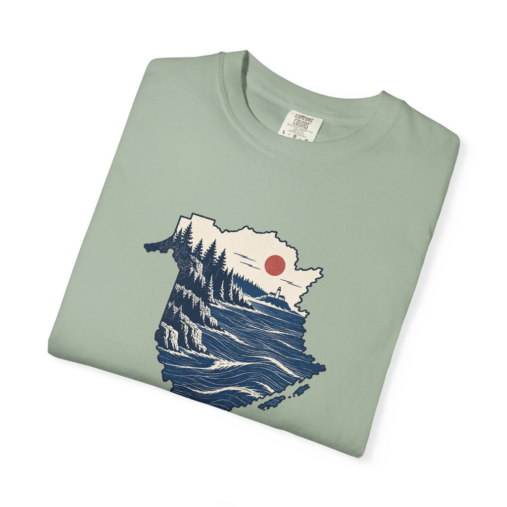 New Brunswick Adventure Map T-Shirt — Scenic Coastal Mountains Graphic