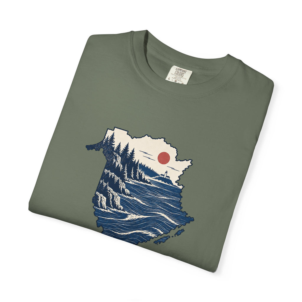 New Brunswick Adventure Map T-Shirt — Scenic Coastal Mountains Graphic