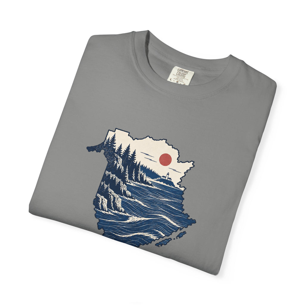 New Brunswick Adventure Map T-Shirt — Scenic Coastal Mountains Graphic