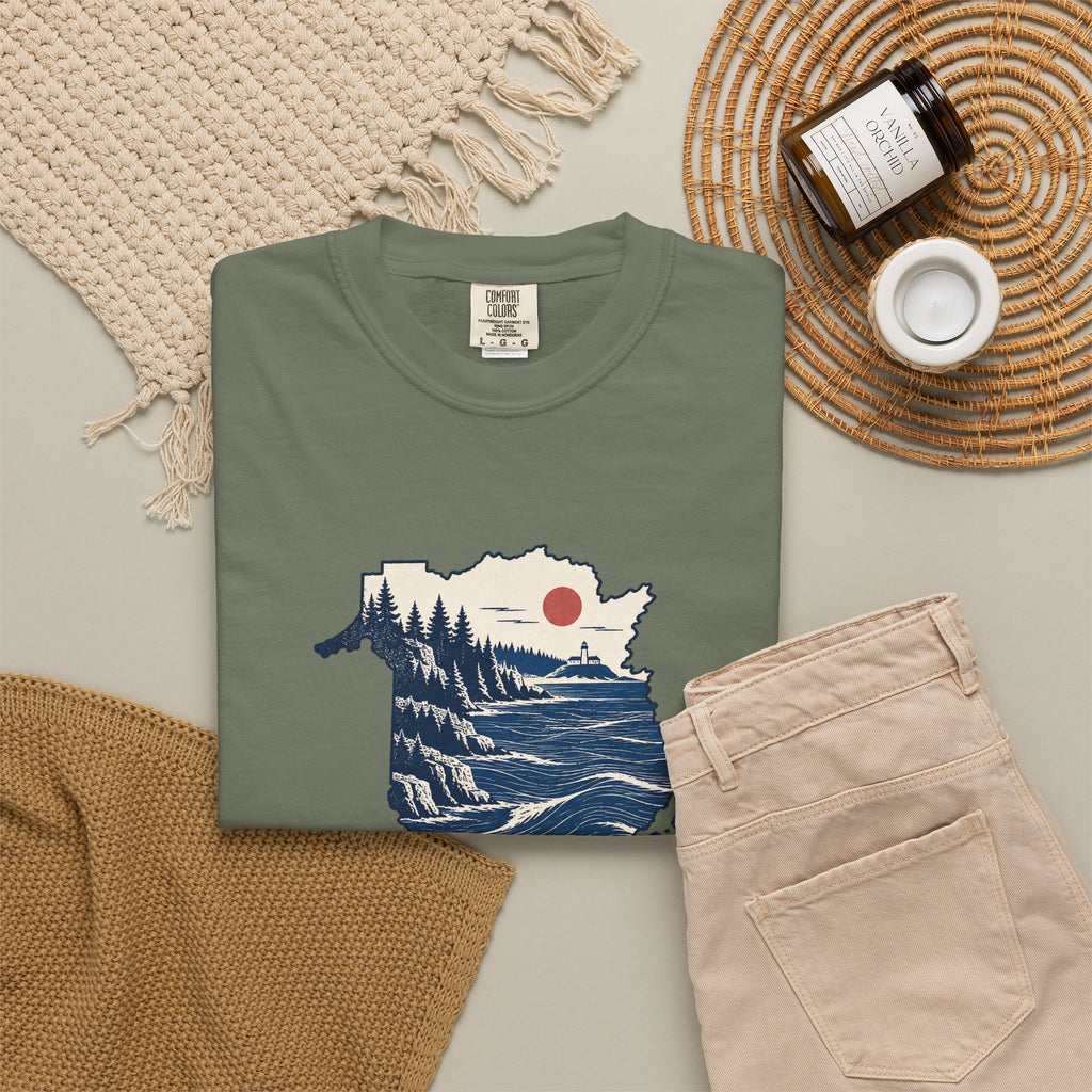 New Brunswick Adventure Map T-Shirt — Scenic Coastal Mountains Graphic