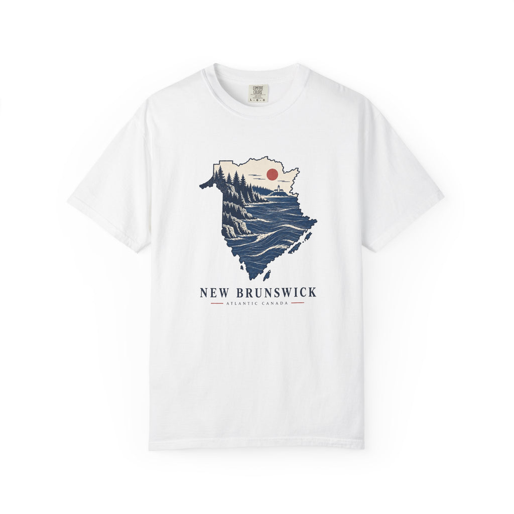 New Brunswick Adventure Map T-Shirt — Scenic Coastal Mountains Graphic