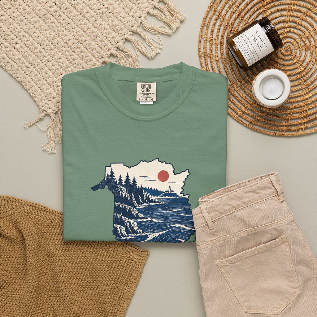 New Brunswick Adventure Map T-Shirt — Scenic Coastal Mountains Graphic
