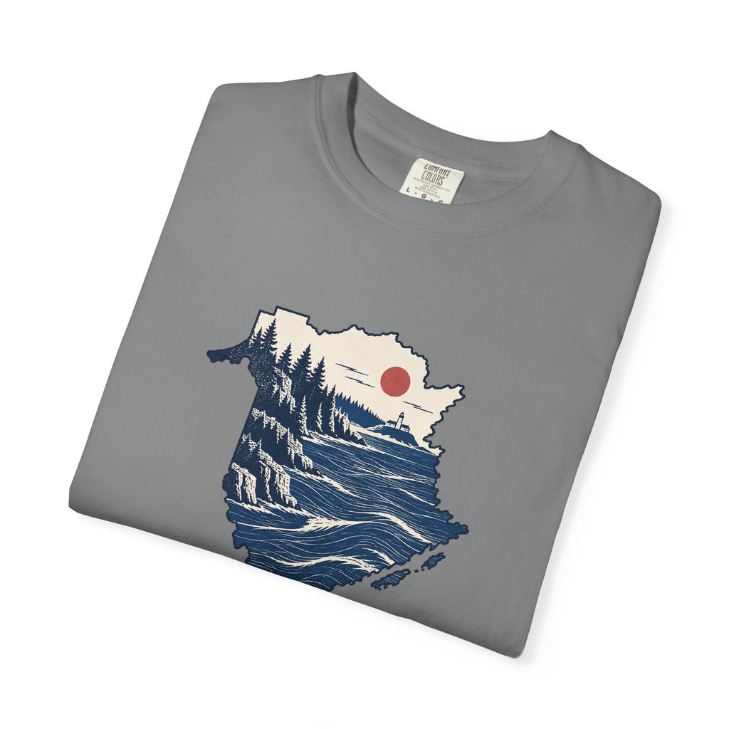 New Brunswick Adventure Map T-Shirt — Scenic Coastal Mountains Graphic